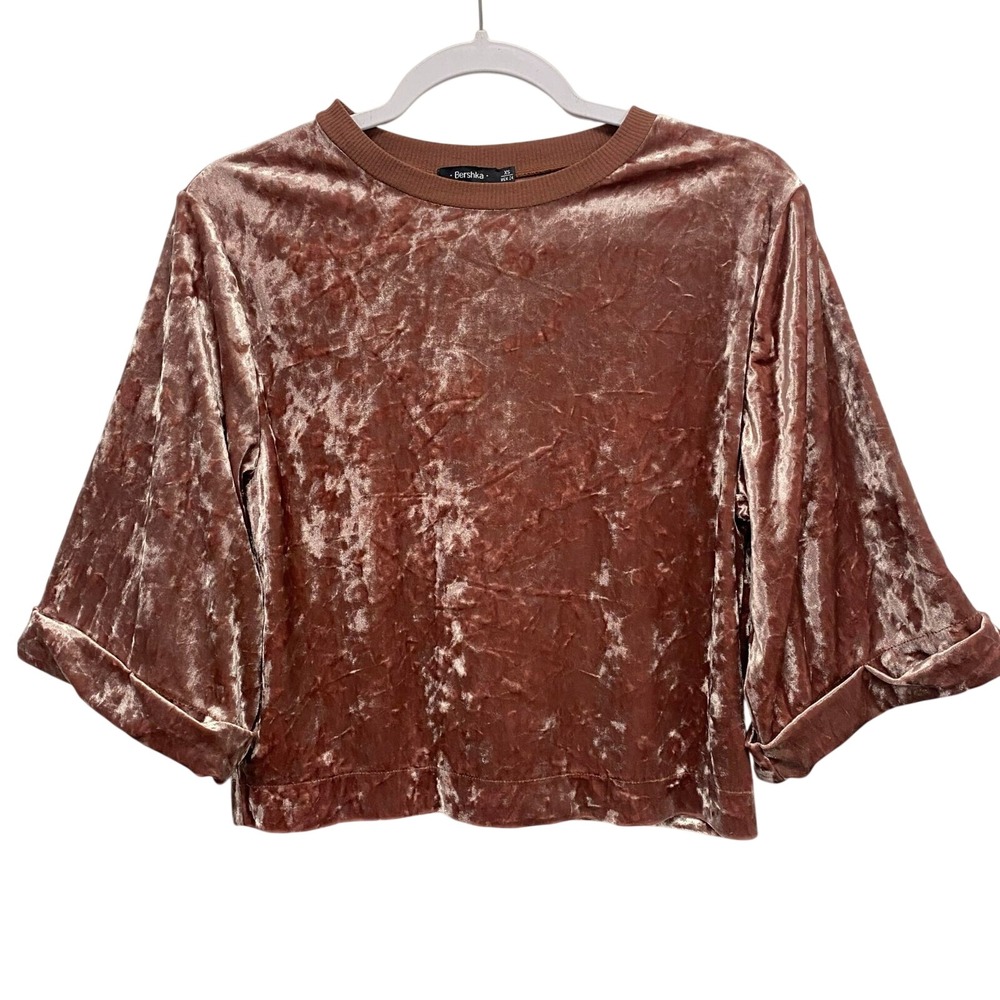 Bershka womens velvet brown crew neck cropped top size XS